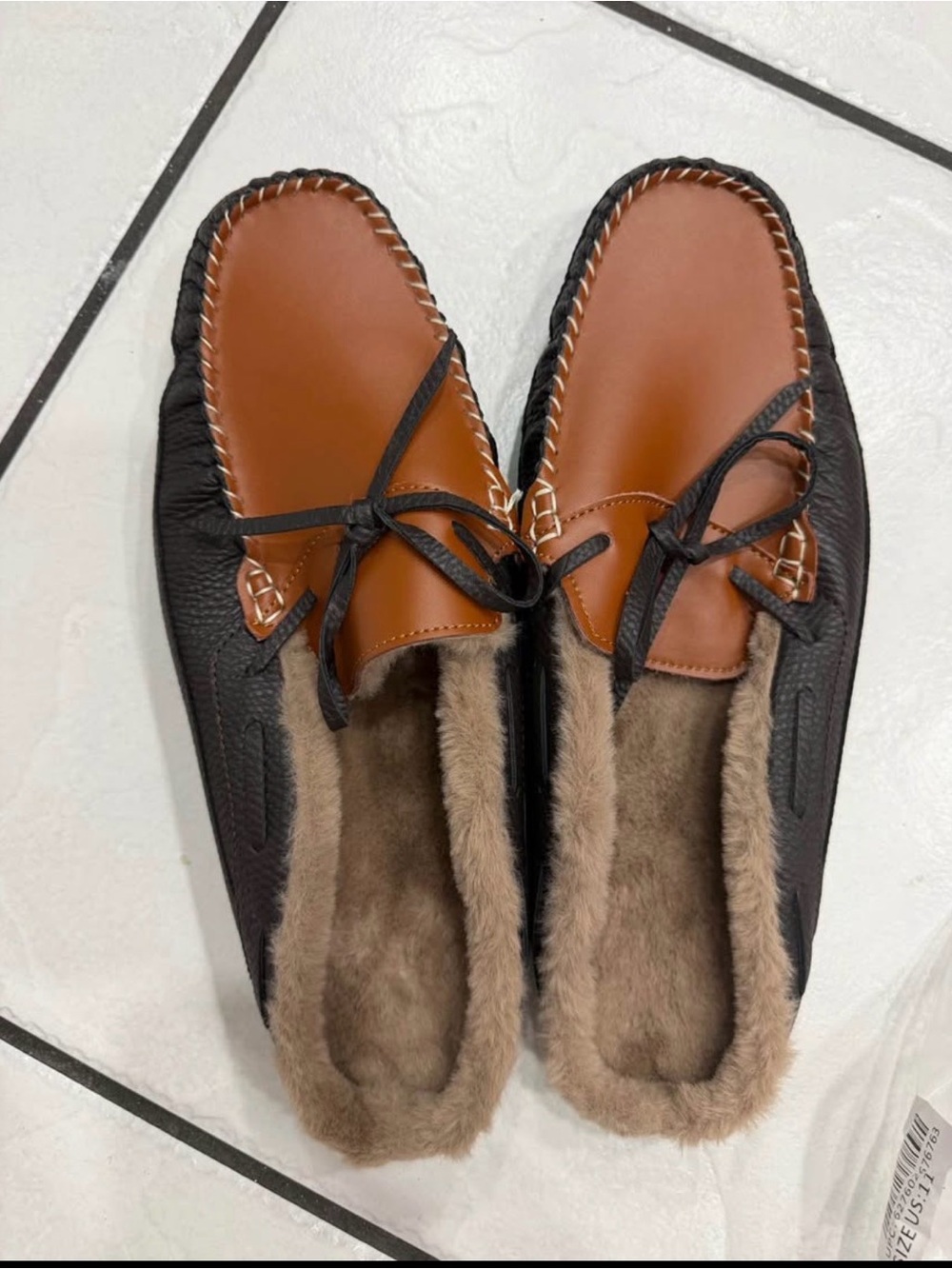 Men's Two-Tone Brown & Black Faux-Fur Moccasin Slip-Ons